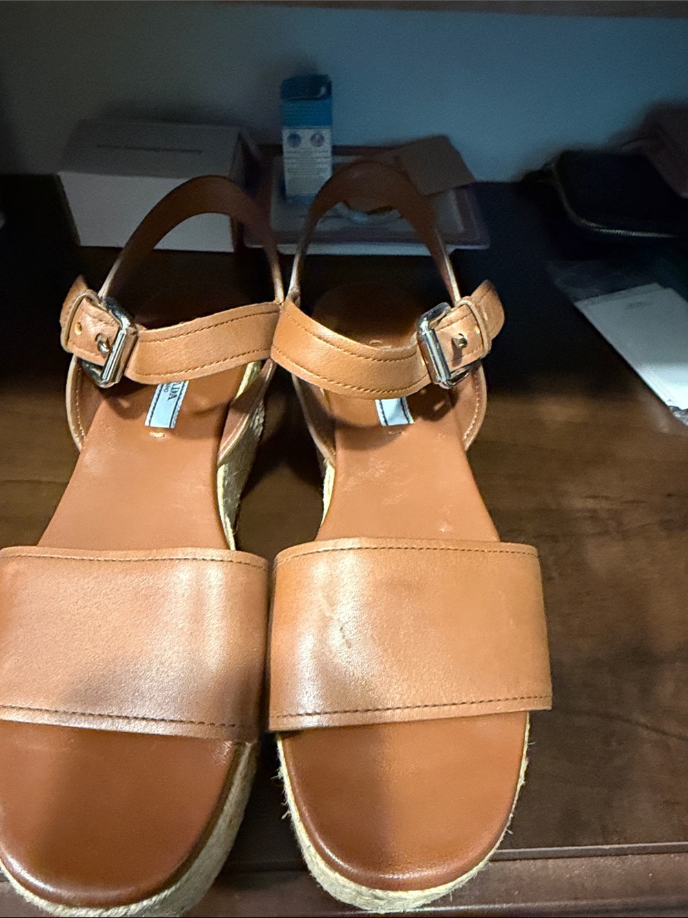 Prada Tan Leather Espadrille Wedge Sandals with Ankle Strap
